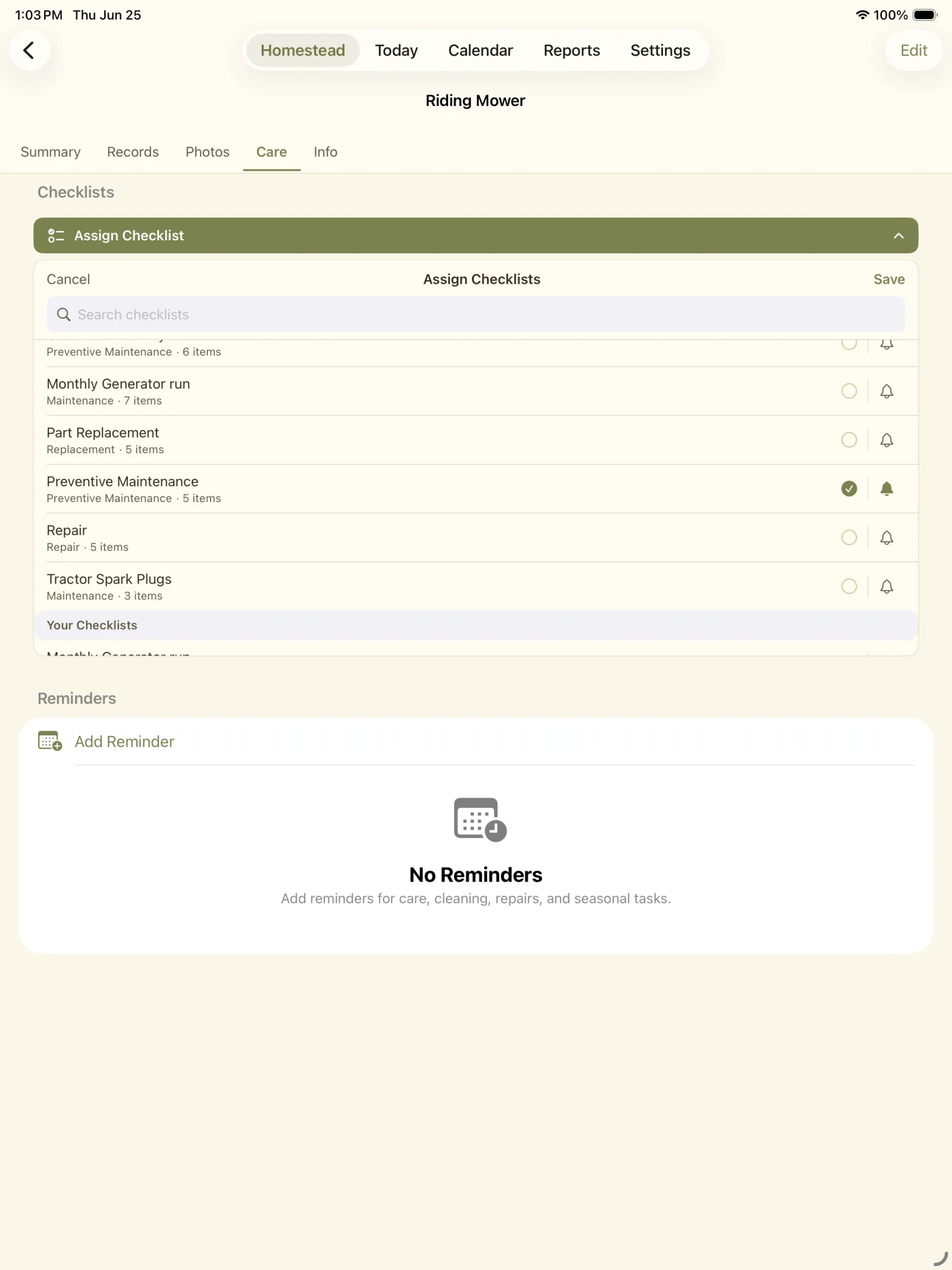 Checklist form showing maintenance tasks and reminder options for a riding mower.